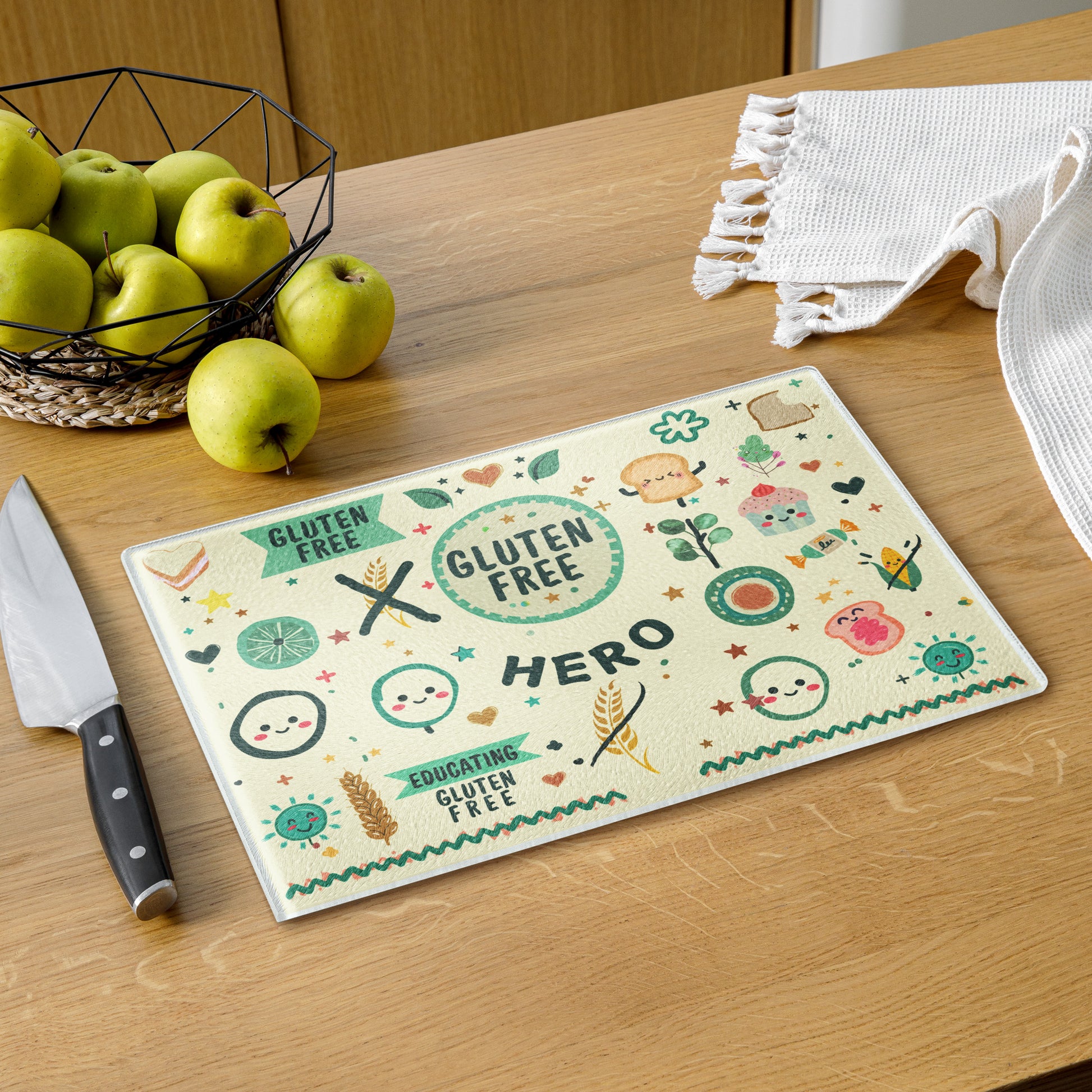 Glass cutting board with GLUTEN FREE HERO design