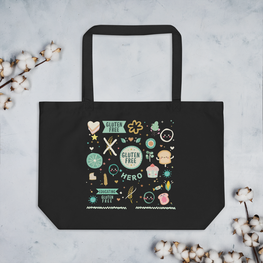 Large organic tote bag with GLUTEN FREE HERO design1